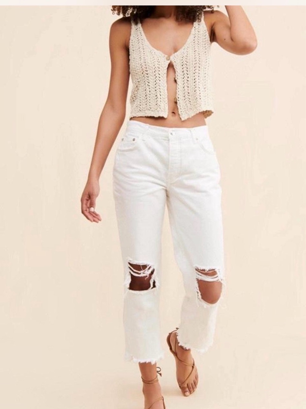 We The Free White Distressed Cropped High-Rise Jeans